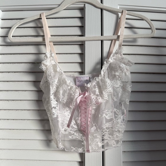 Urban Outfitters Tops - Urban Outfitters White Lace Corset Crop Top with Pale Pink Ribbon